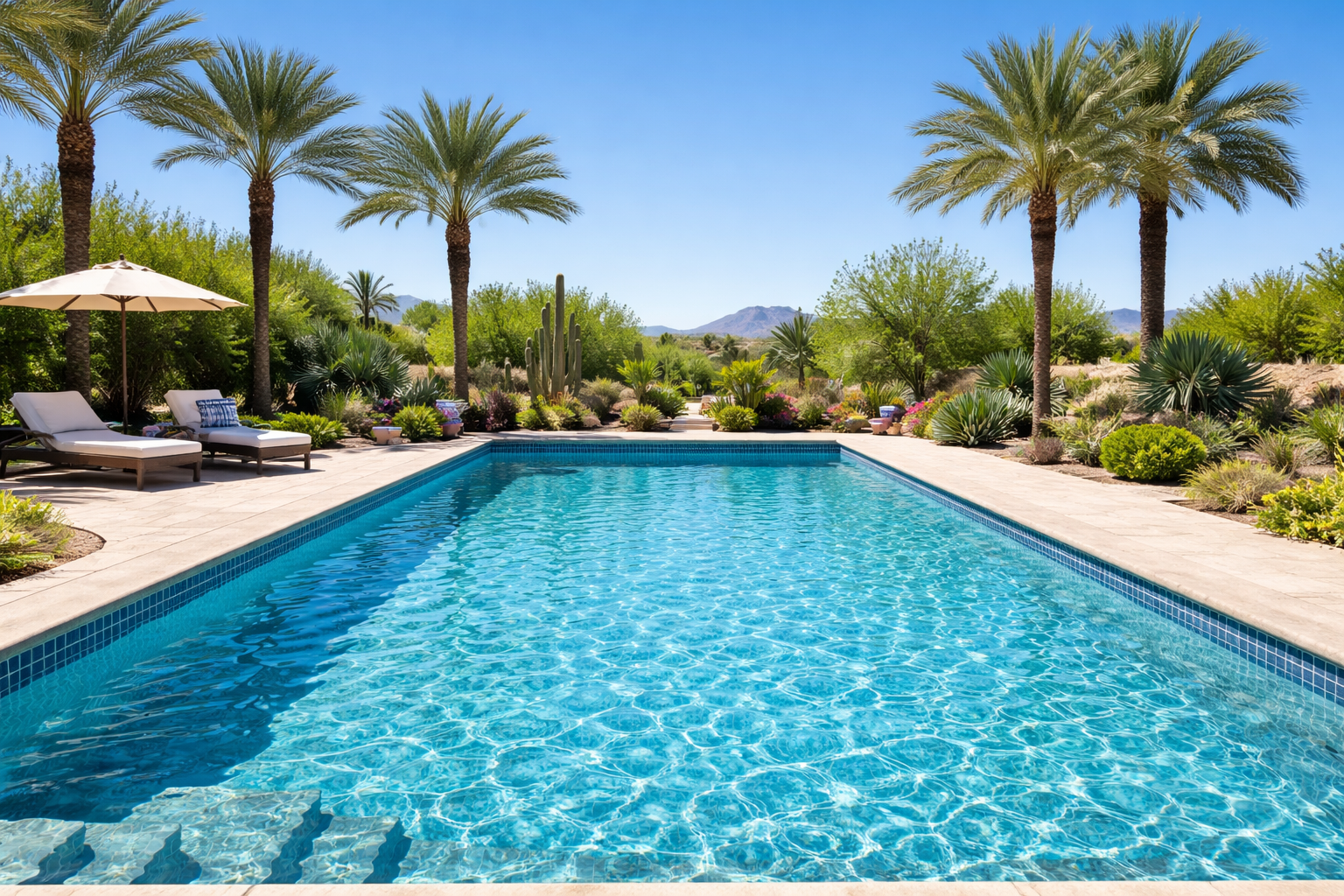 A rectangular blue pool surrounded by a sunny desert garden with palm trees and lounge chairs under an umbrella.