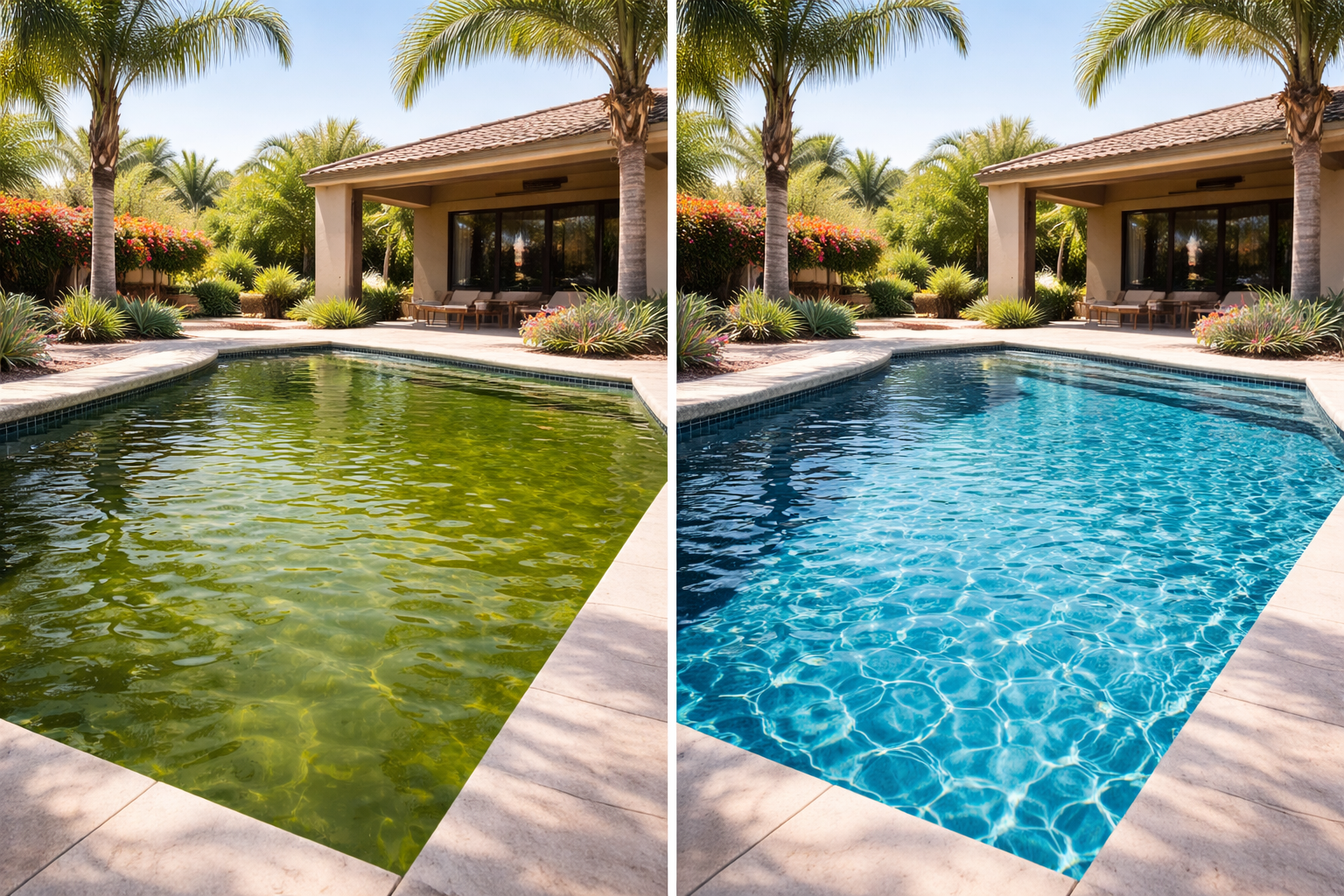 Split-image of a backyard pool: left panel with green murky water, right panel with clear blue water, surrounded by palm trees and a patio.