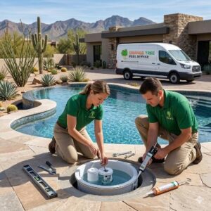 Two pool technicians in green shirts install pool equipment beside a curved backyard pool, with an Orange Tree Pool Service van in the background.