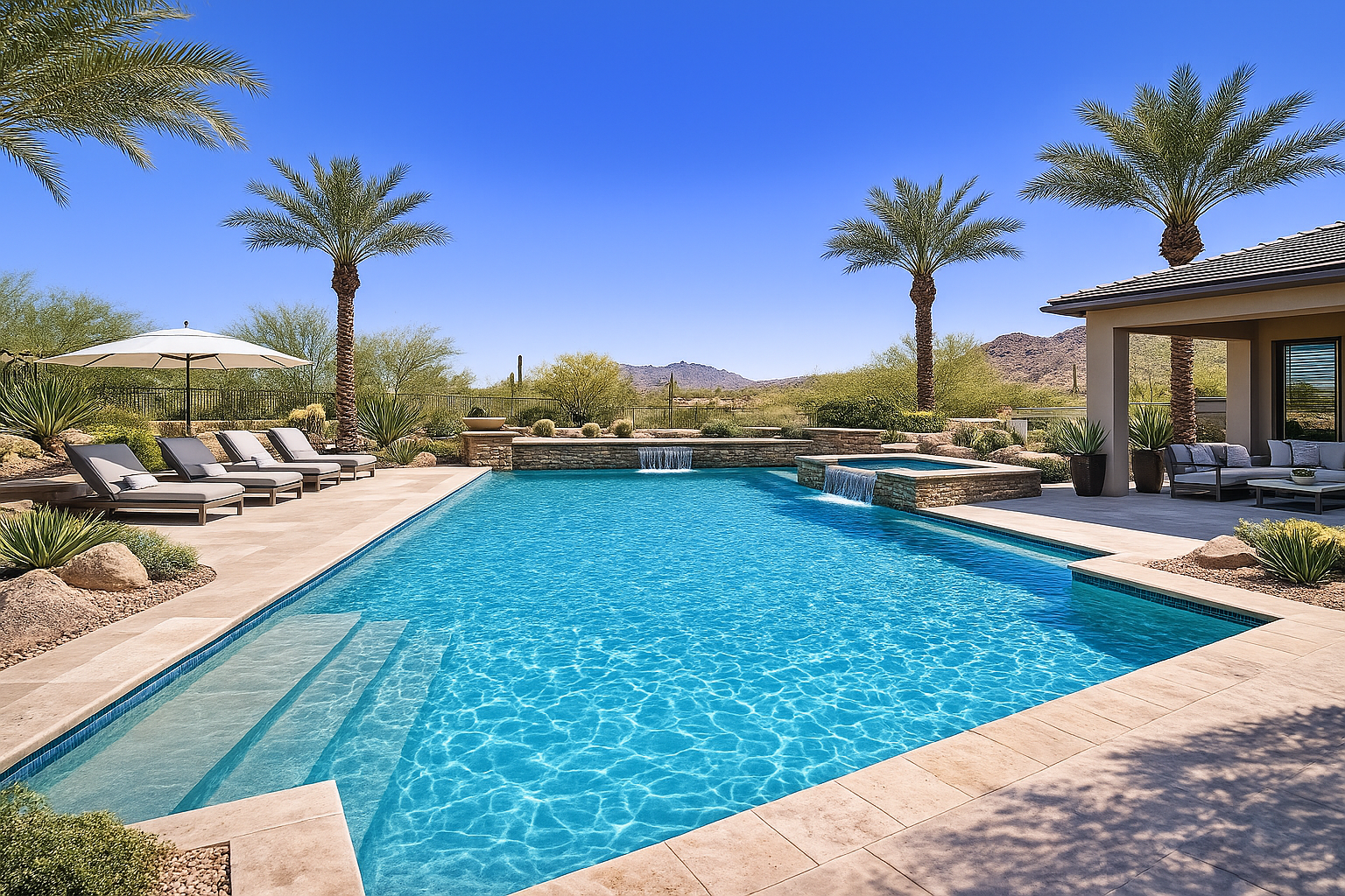 Luxurious outdoor pool area with blue water, palm trees, lounge chairs, and a desert backdrop under a clear sky.
