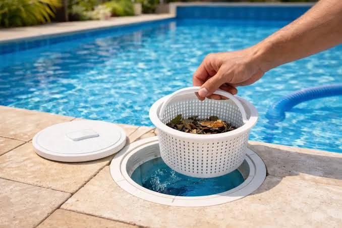 Emptying a pool skimmer basket full of leaves in Peoria