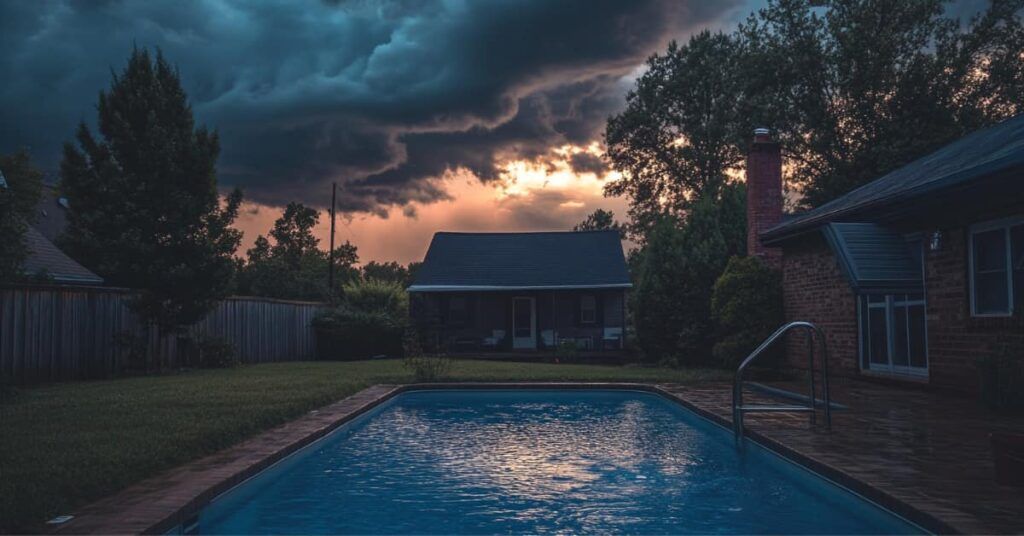Monsoon storm clouds building over a backyard pool near Cave Creek AZ