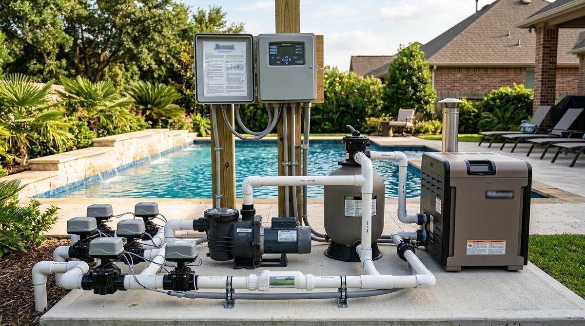 Pool automation controller and valve actuators on an equipment pad in Paradise Valley
