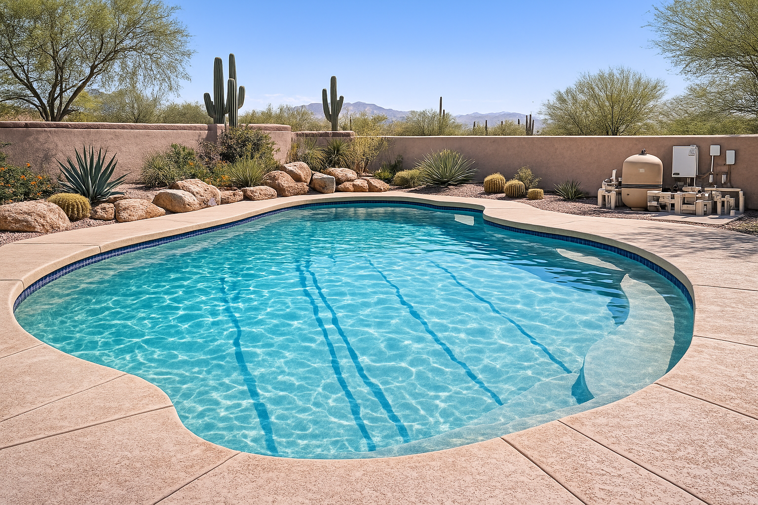 Curved rectangular swimming pool with blue water, beige deck, desert landscaping, and distant mountains in a sunny backyard.