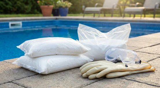 Bags of cal-hypo pool shock with safety gloves and goggles at a Phoenix pool edge