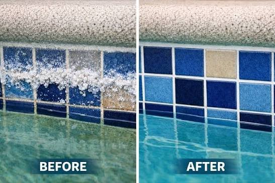 Pool waterline tile before and after professional calcium removal in Scottsdale